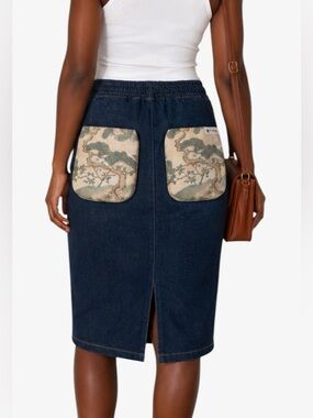 Artisan Japanese Pine Tapestry Pockets Elastic Waist Denim Pencil Skirt Size M